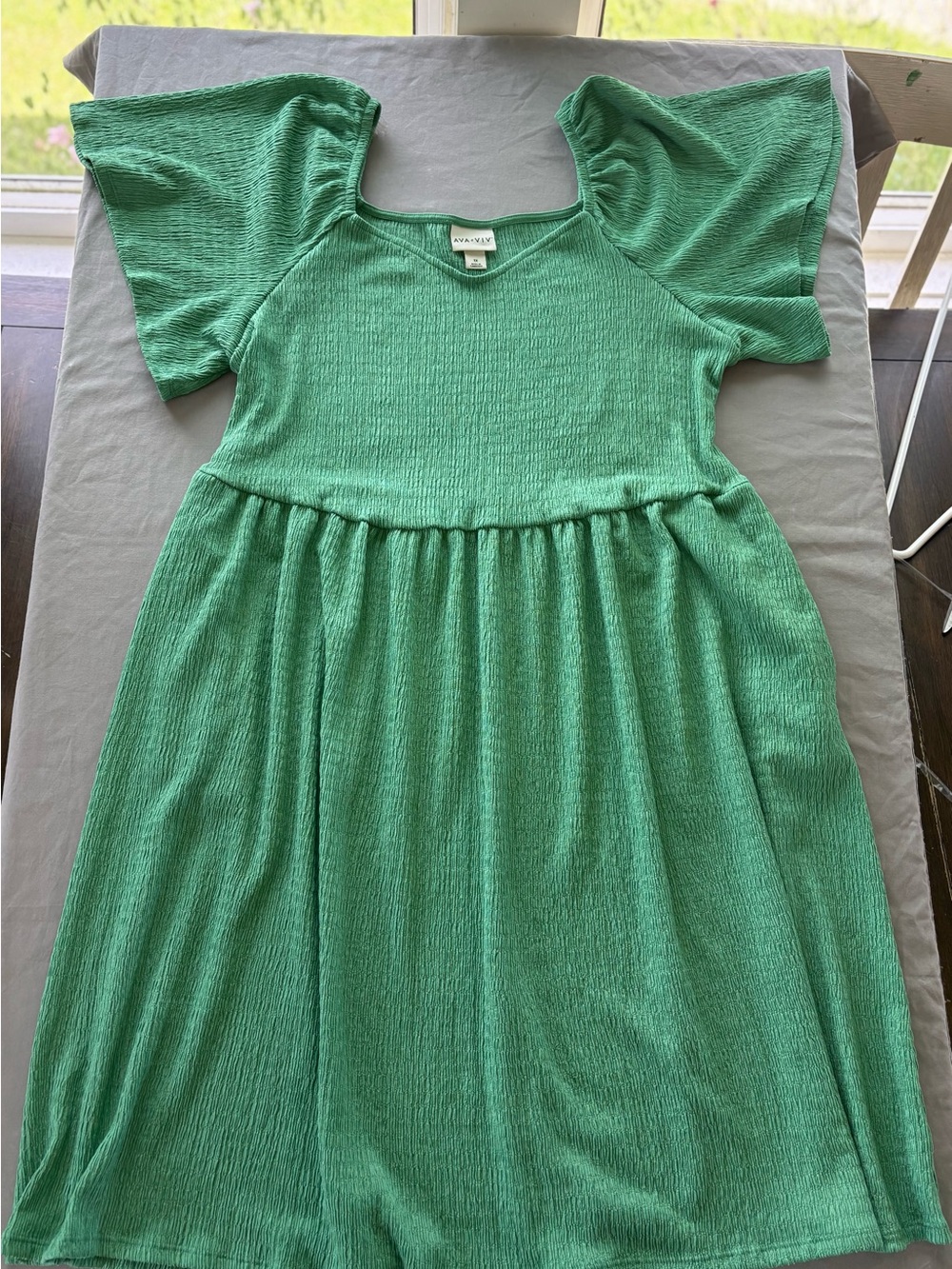 Ava & Viv Emerald Green Puff-Sleeve Textured Dress